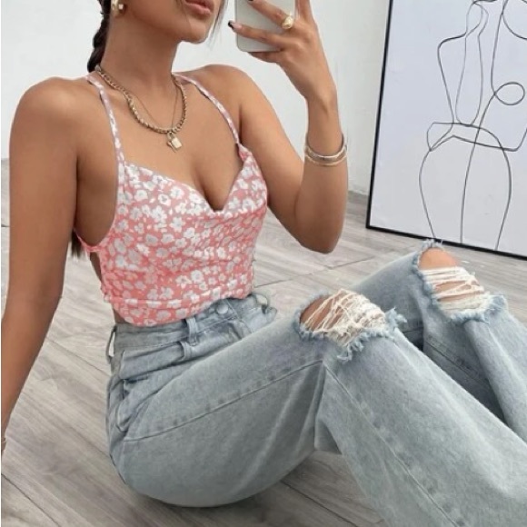 - Tie Back Cami Top pink floral top womens - Picture 3 of 4